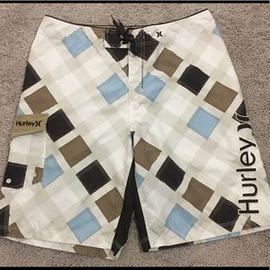 Hurley White Brown Blue Board Shorts Surf Size 36